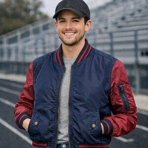 VTG Gap Stadium Bomber Jacket Mens Medium Blue Red Retro Baseball Outerwear NEW